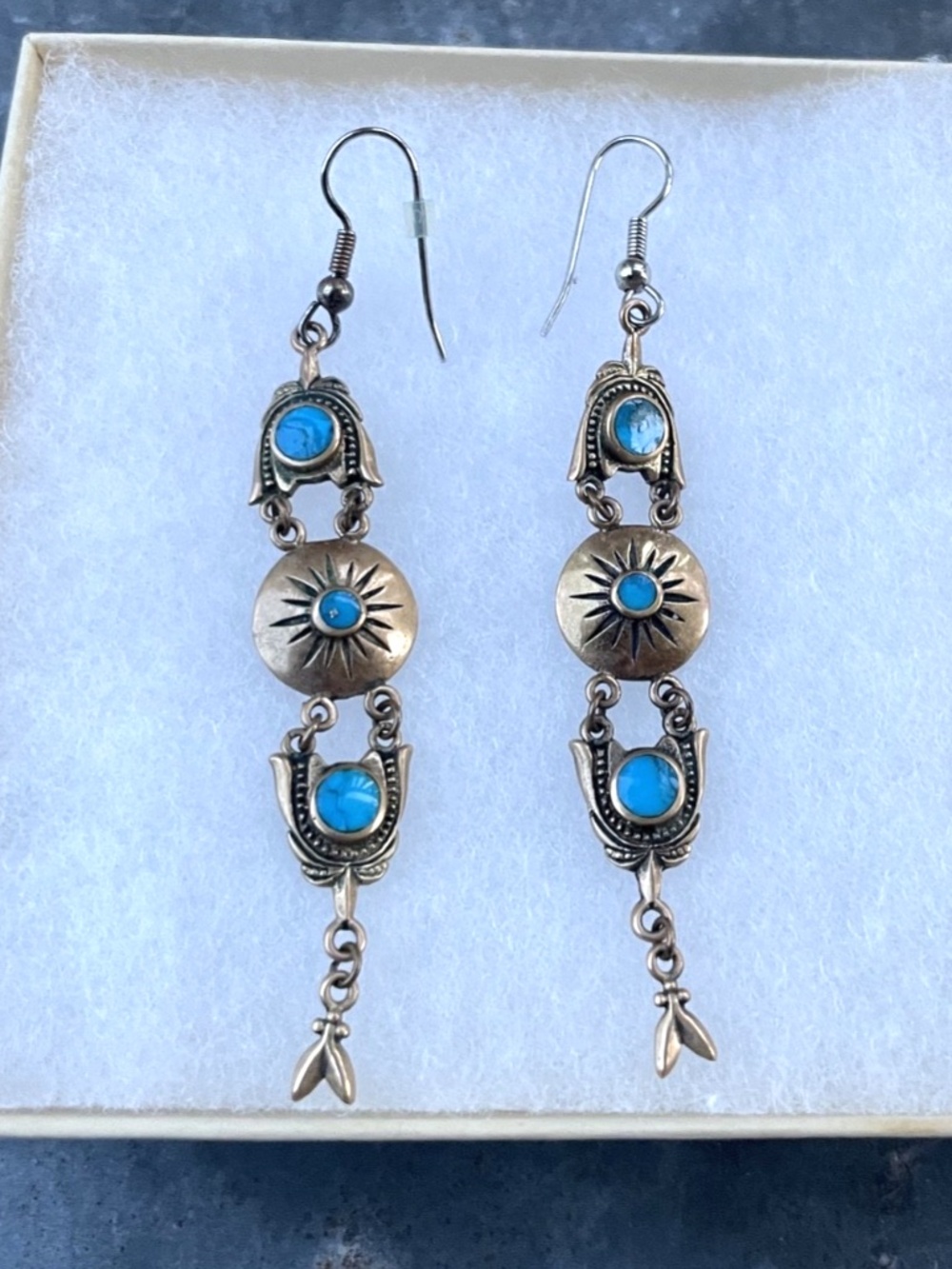 Brass Southwestern Style Dangle Earrings with faux-turquoise